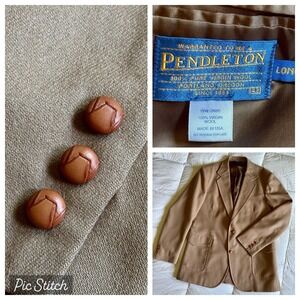 Vtg 80s USA Made Pendleton Wool Blazer Leather Button Mens 42L Tan Western Retro